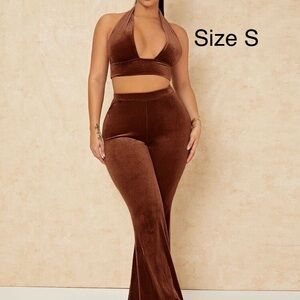 SHEIN Brown Velvet Wide Leg Jumpsuit